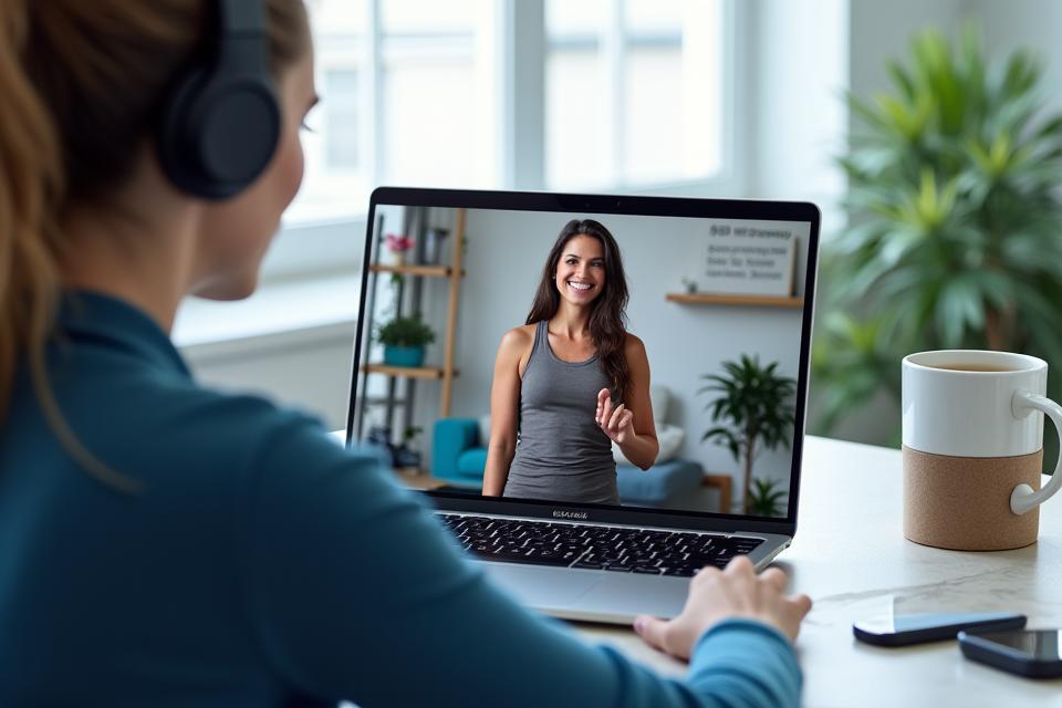Virtual fitness coaching session with personal trainer via video call for remote wellness support
