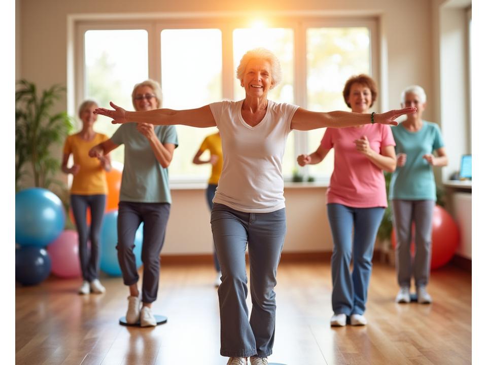 Active senior adults participating in balance and mobility training for healthy aging